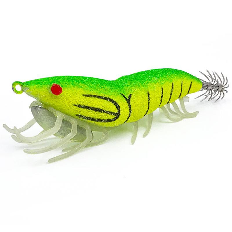 Night Glow Wooden Shrimp Squid Hook Soft Footed Bait with Sound Beads Fake Bait for Fishing