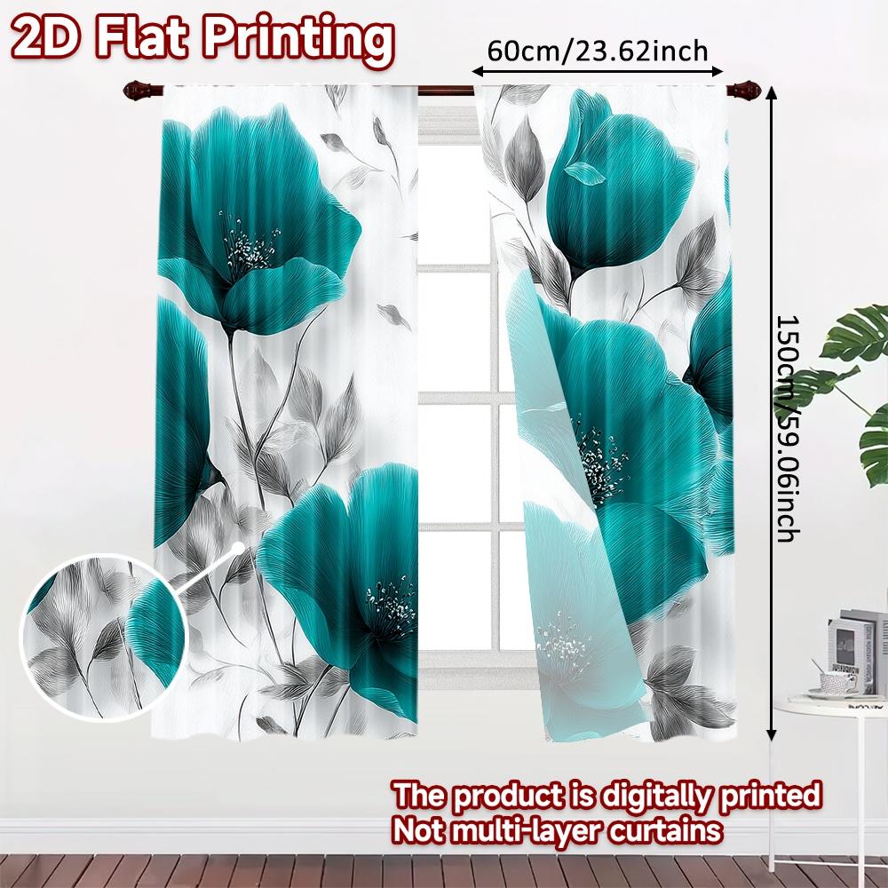 2D FLAT PRINTING 2pcs Curtains (Without Rod) Floral Elegance in Blue Easter Festival Popular Curtains&Drapes Durable Polyester