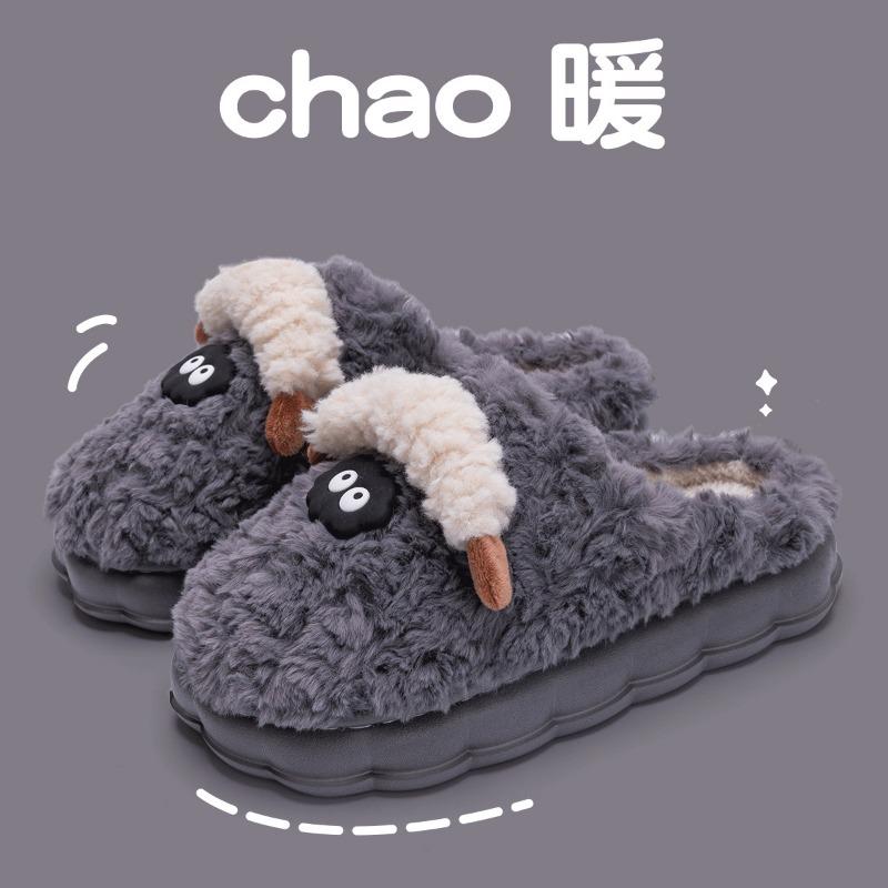 Cute cotton slippers women's winter indoor home thick bottom velvet warm couple plush cartoon lamb cotton drag men