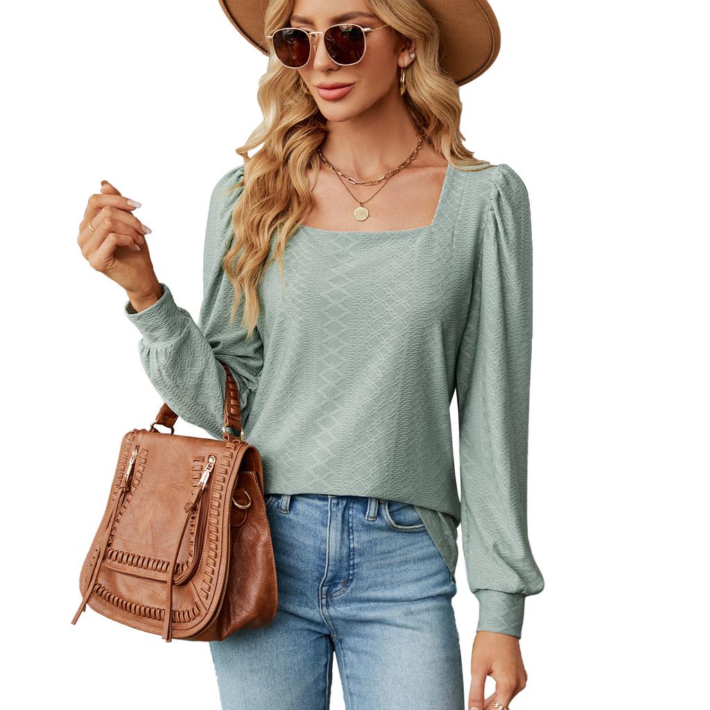 2024 European And American Autumn/Winter New Solid Color Square Collar Jacquard Long Sleeve Loose T-Shirt Top For Women