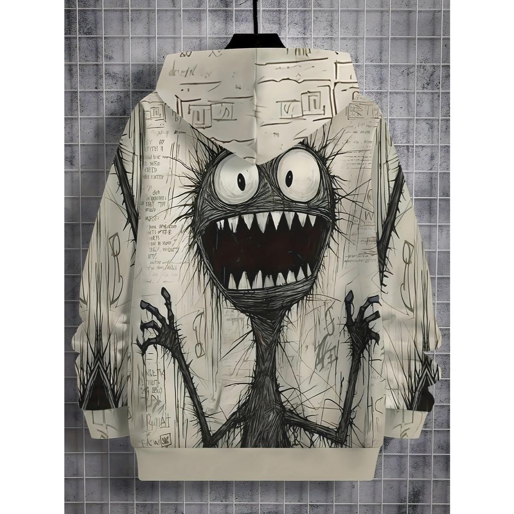 Boys' playful cartoon face hoodie - comfortable polyester blend, casual long sleeved pullover, unique digital print