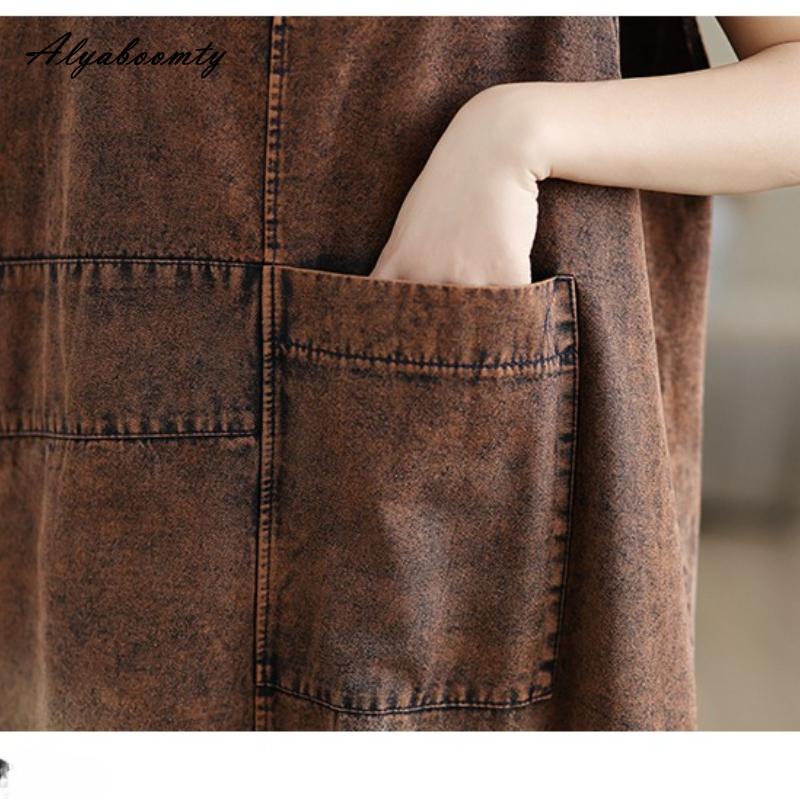 Korean Style Plus Size Spring Summer Women Sundress V Neck Brown Denim Sleeveless Tank Dress Vintage Casual Loose Basic Ladies' Midi Dress