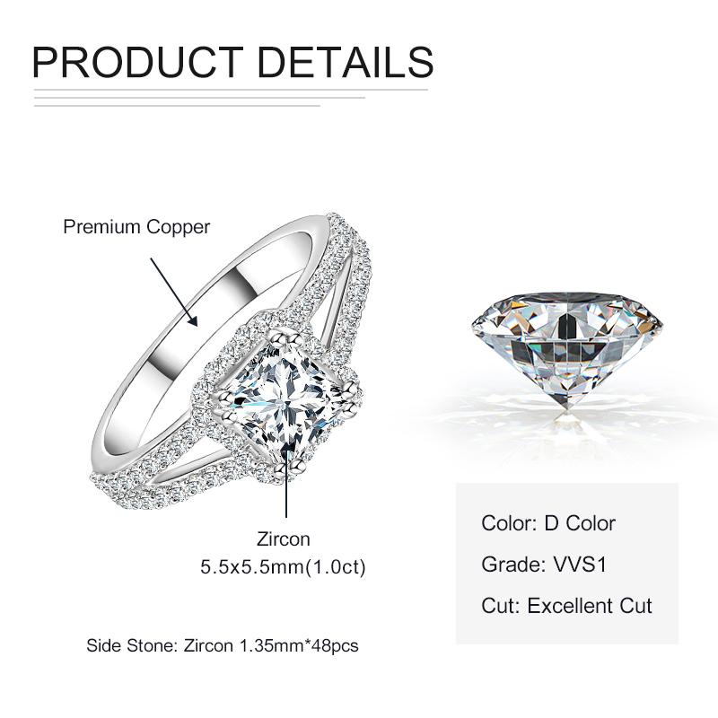 Rrjzz Classic Sparkling 1CT Princess Cut CZ Lab Diamond Rings 14K Plated Gold Silver Color Engagement Ring for Women Jewelry 5