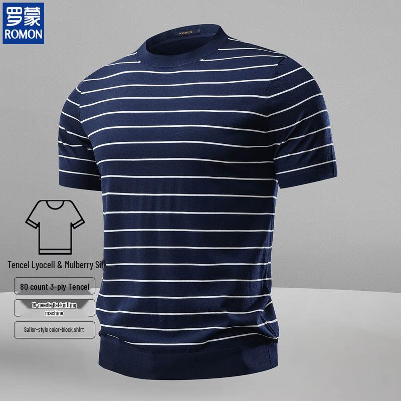 ROMON Men s Striped Mulberry Silk Lyocell Blend Short Sleeve T-Shirt 3XL