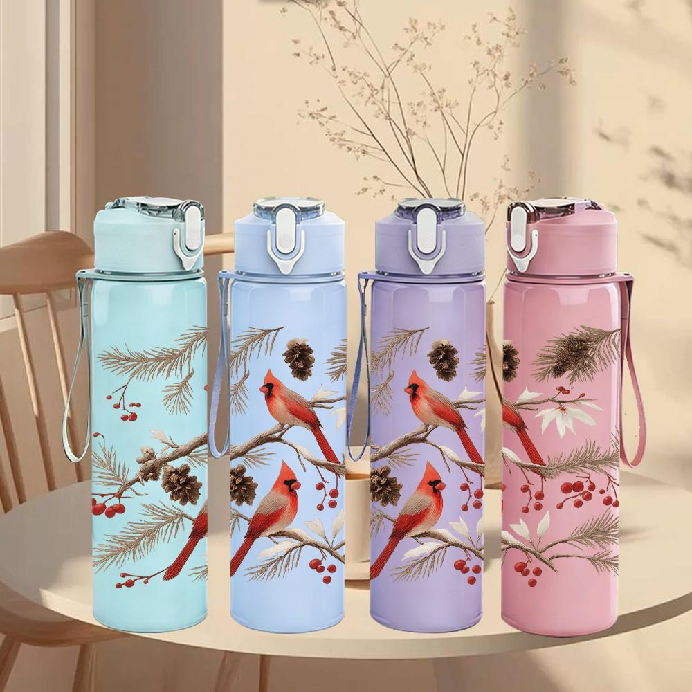 1PC Red Bird Winter Branch Print 750ml Color Plastic Sports Water Bottle Leakproof Flip Straw Lid Suitable for Sports Office Home Use