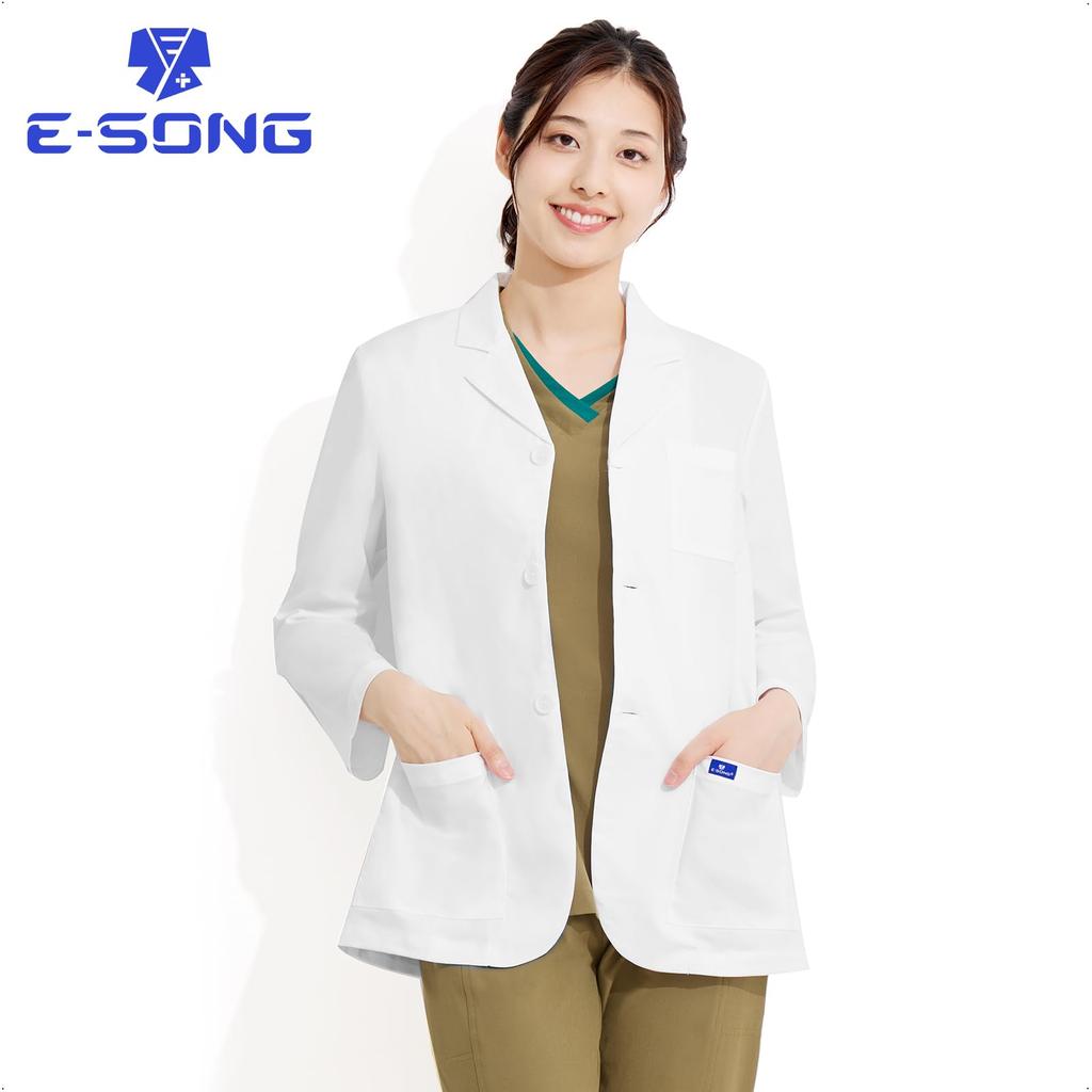 [E-SONG] Unisex White Coat Jacket, Short Coat, 9/10 Sleeve, Soft Touch, High Cotton Content, Industrial Washable, Medical Doctor Coat 093 (L, White)