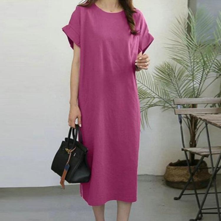 Plus Size Casual Summer Dress Loose Straight Short Sleeves O Neck Midi Length Side Split Hem Soft Breathable Commute Travel Women Dress