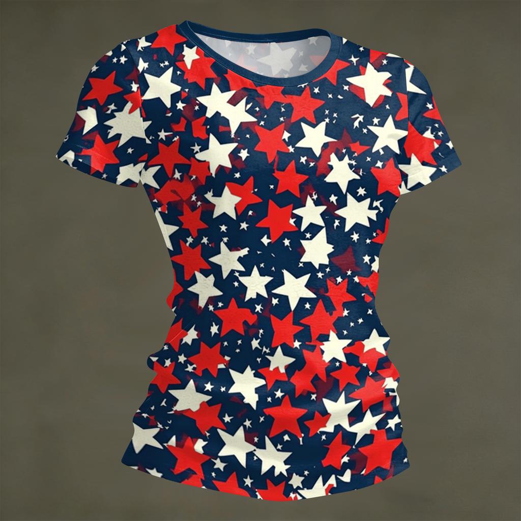 Women's Fashion Round Neck Independence Day Print Short Sleeve Loose Crewneck T-Shirt Top