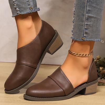 Women's Chic Pointed Toe Low Top Chunky Heel Shoes Side Cut Out Design Oxford Shoes Casual Open-toe Low-heeled Leather Shoes