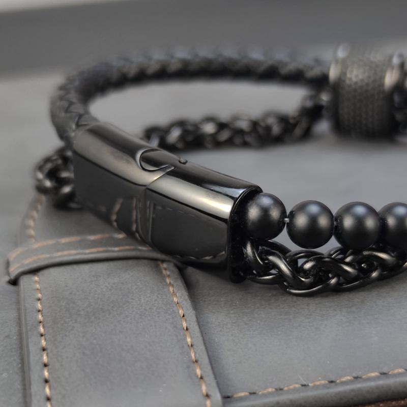 Trendy Geniune Leather Multilayer Bracelet for Men Chain Double Black Luxury Punk Braided Bracelet Wristband Male Charm Jewelry