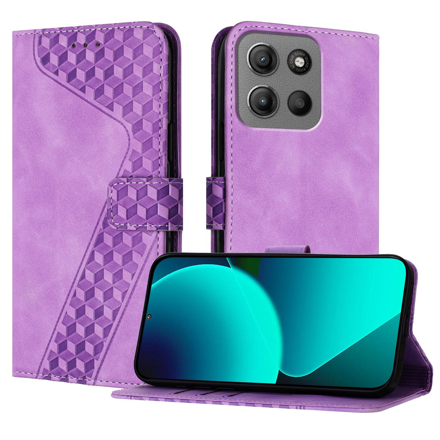 

For Motorola Moto G15 4G Leather Case 7-Shaped Pattern Wallet Stand Shockproof Phone Cover Purple
