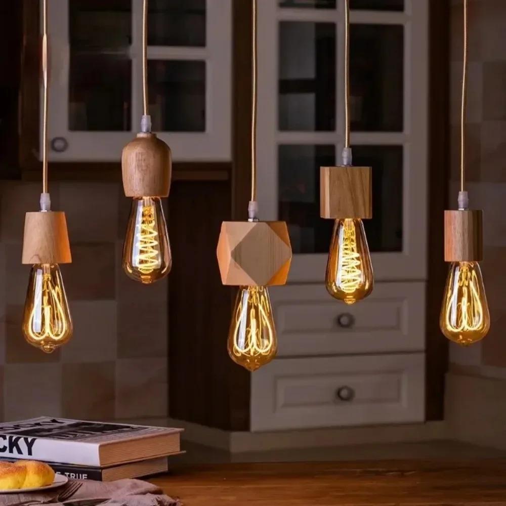Nordic Wood Pendant Lamp E27 Wooden Pendant Lights for Bedroom Home Living Room Decor Log Color Vintage Hanging Light Fixture