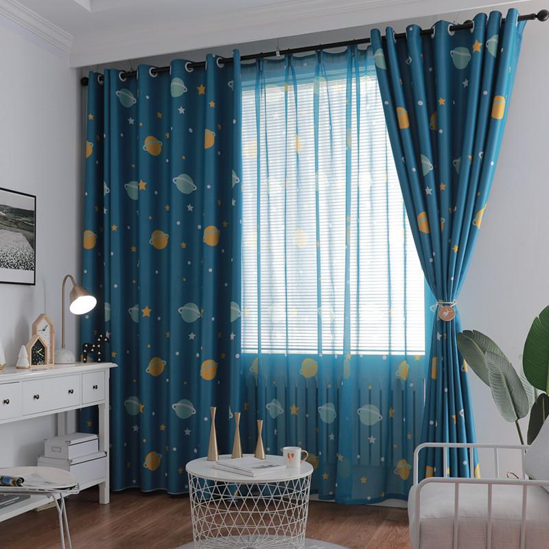 Printed Curtain Cloth, Full Blackout Cloth, Bedroom Bed Curtain, Blue Cartoon Planet Curtain Cloth