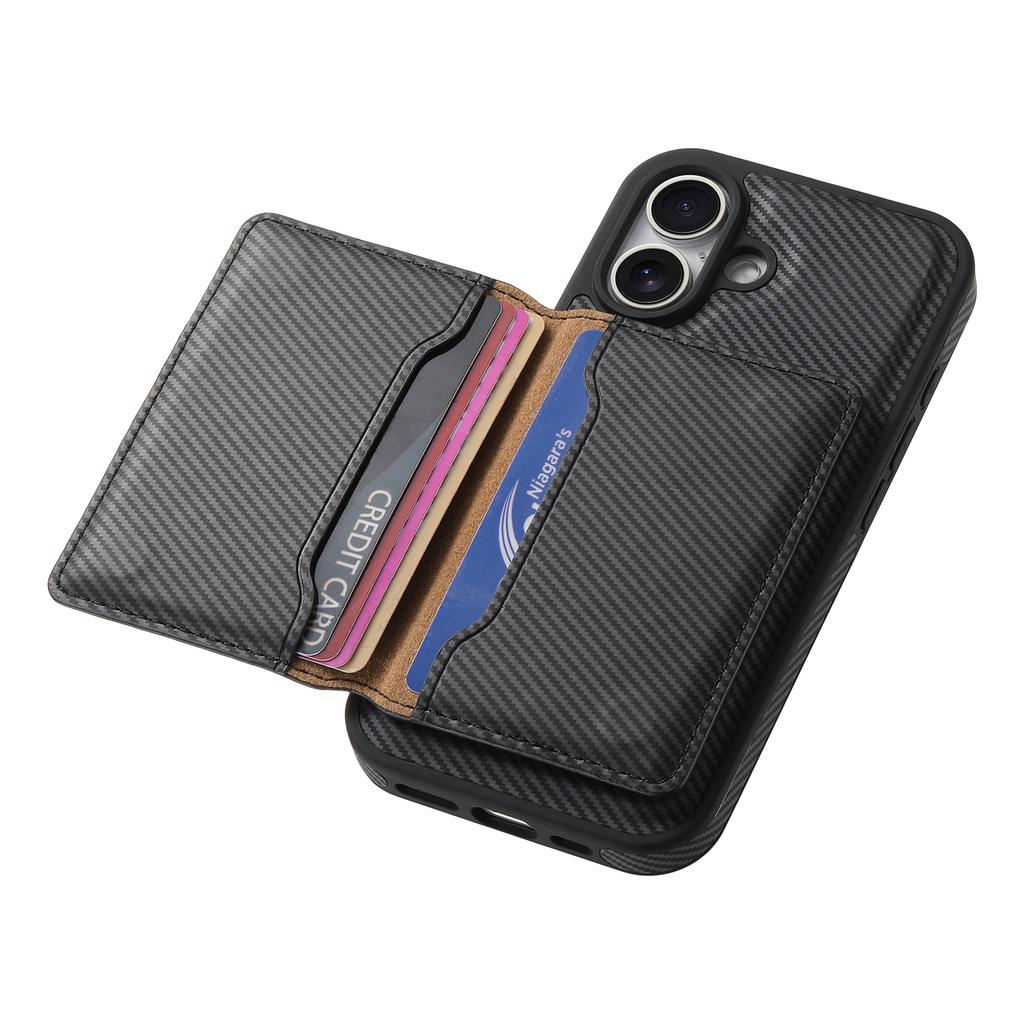 DENIOR For iPhone 16 Magnetic Case Carbon Fiber Texture Leather Back Cover with Detachable Card Bag