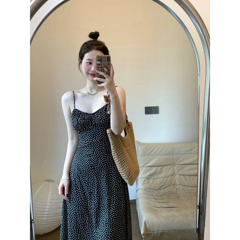 

Платье-сарафан в элегантном французском стиле в черный горошек, женская одежда, лето, ретро, омолаживающее, облегающее талию, с большой юбкой-клеш Black Wave dot L