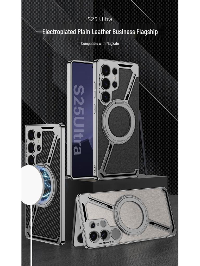 Samsung S25 Ultra Protective Case with Magnetic Rotating Stand – Anti-fall, Electroplated Leather Cover
