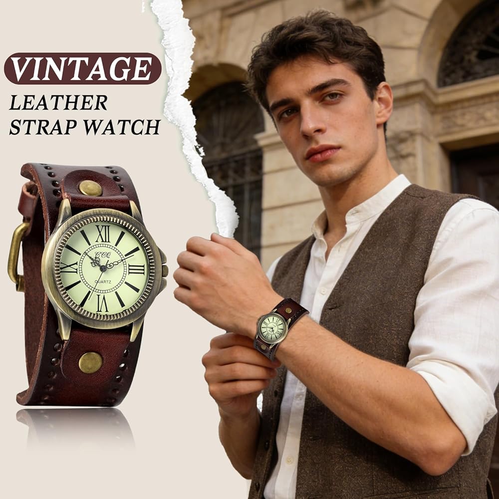 JewelryWe Antique Style Unisex Watch Retro Dial Frame Leather Alloy Brown