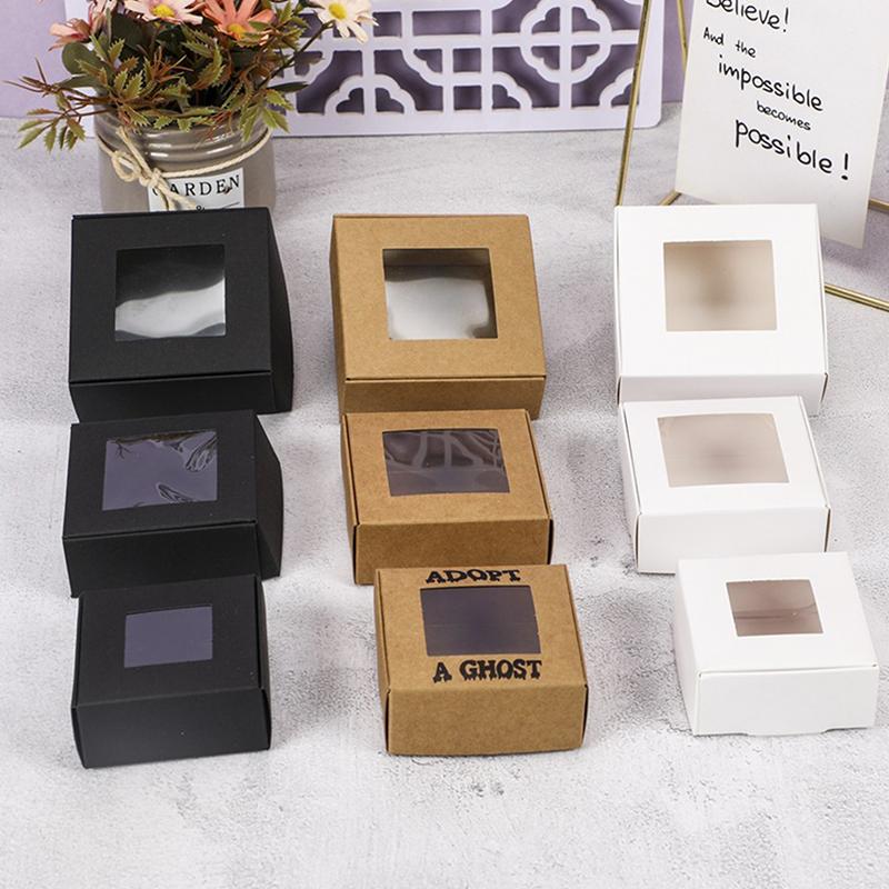 10 Pcs Square White/Kraft/Black Window Packaging Boxes, Various Sizes, Wedding Party Gifts, Handmade Soap Chocolate Flat Boxes