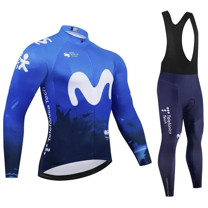 Movistar Herbst Pro Team Radtrikot 19D Trägerhosen-Set MTB Uniform Fahrradbekleidung Schnelltrocknend Fahrradkleidung Herren Langarm Radbekleidung