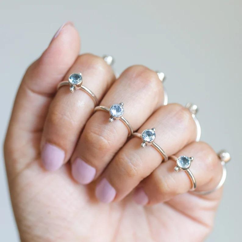 Blue Topaz Round Gemstone Ring, Bezel Ring, Stacking Ring, 92 Silver Ring, Gift For Christmas, Dailywear Ring, Promise Ring