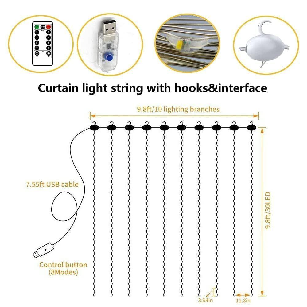 Multicolor Fairy Curtain Light (300 LED, 10 Strings, 3x3 Mtr) Indoor Outdoor Decoration for Diwali, Christmas, Patio with Remote and USB Power Supply