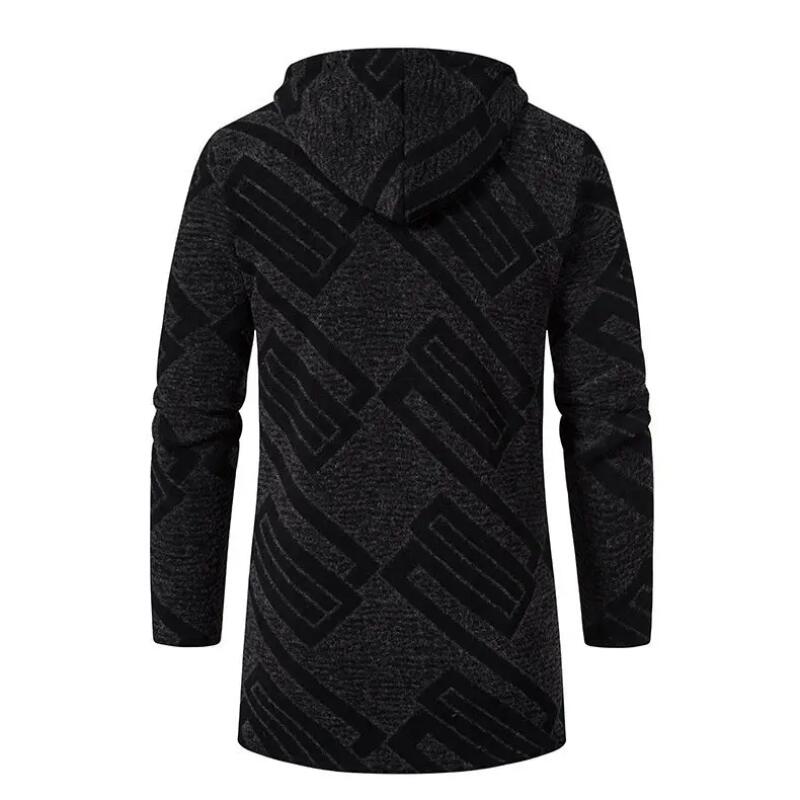 Autumn Winter Men's Fleece Mid Length Hooded Knit Cardigan Casual Knitwear Coat Thickened Warm Sweatercoat Men