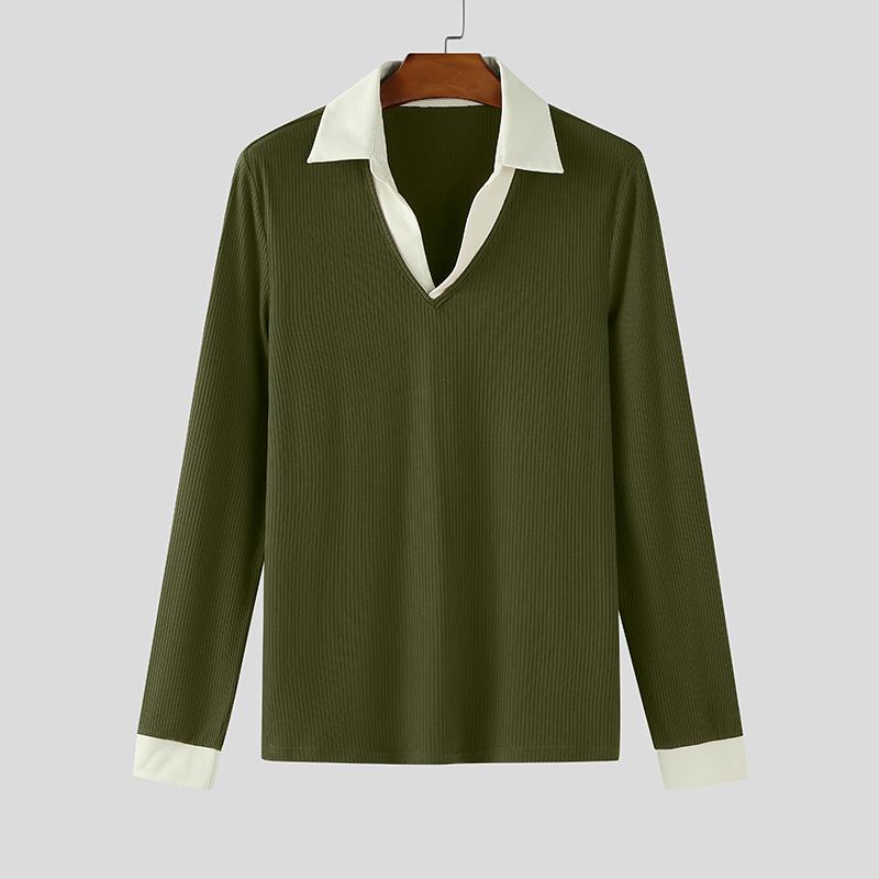 

INCERUN Autumn Men Lapel Long Sleeve Stitching Casual Office T-shirts Rib Tops 5XL армия зеленый