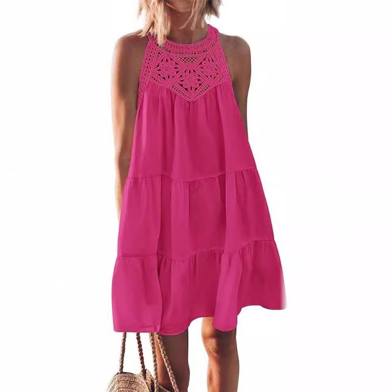 Dámské letní duté šaty bez zad, ležérní bez rukávů áčkového střihu, vrstvené, rozšiřující se, plážové prázdninové šaty