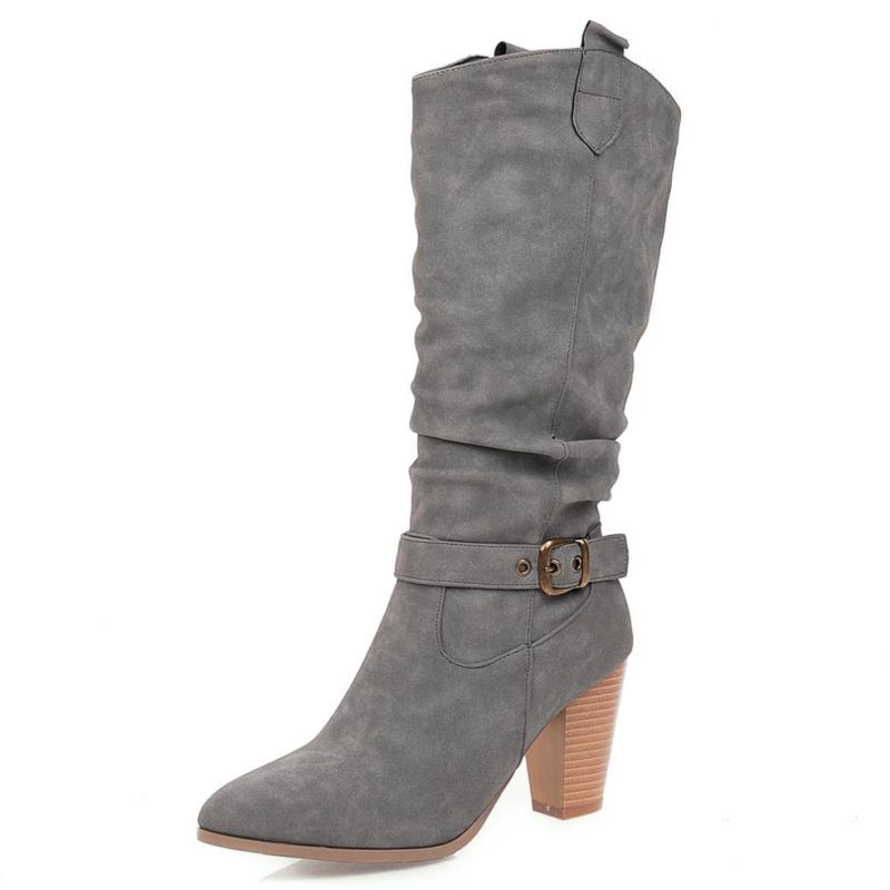 Pleated Woman's High Boots Shoes Fashion Knee High Boots Autumn Winter Gray Beige Heels Long Shoes Lady Large Size 45
