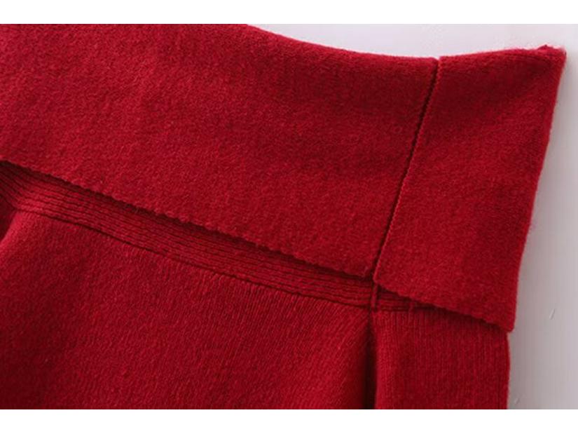 Burgundy European & American Style Winter 2024 Women's Sweater & Midi Skirt Set