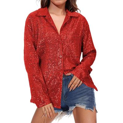 Women's Fashion Solid-Colour Sequinned Long-Sleeved Collared Elegant Casual Shirt Jacket