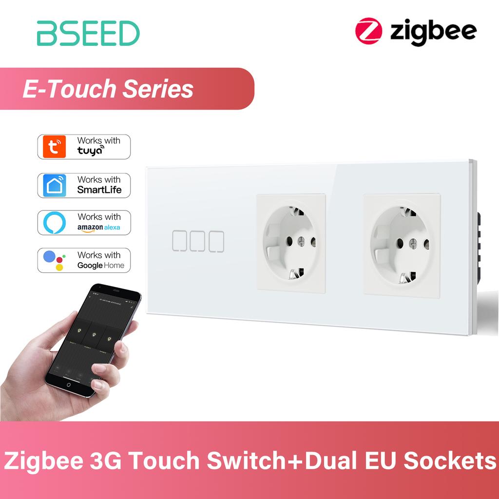 BSEED 1/2/3/4Gang Zigbee Touch Switch Glass with EU Sockets Smart Wall Light Switch Touch Screen Backlight E Series