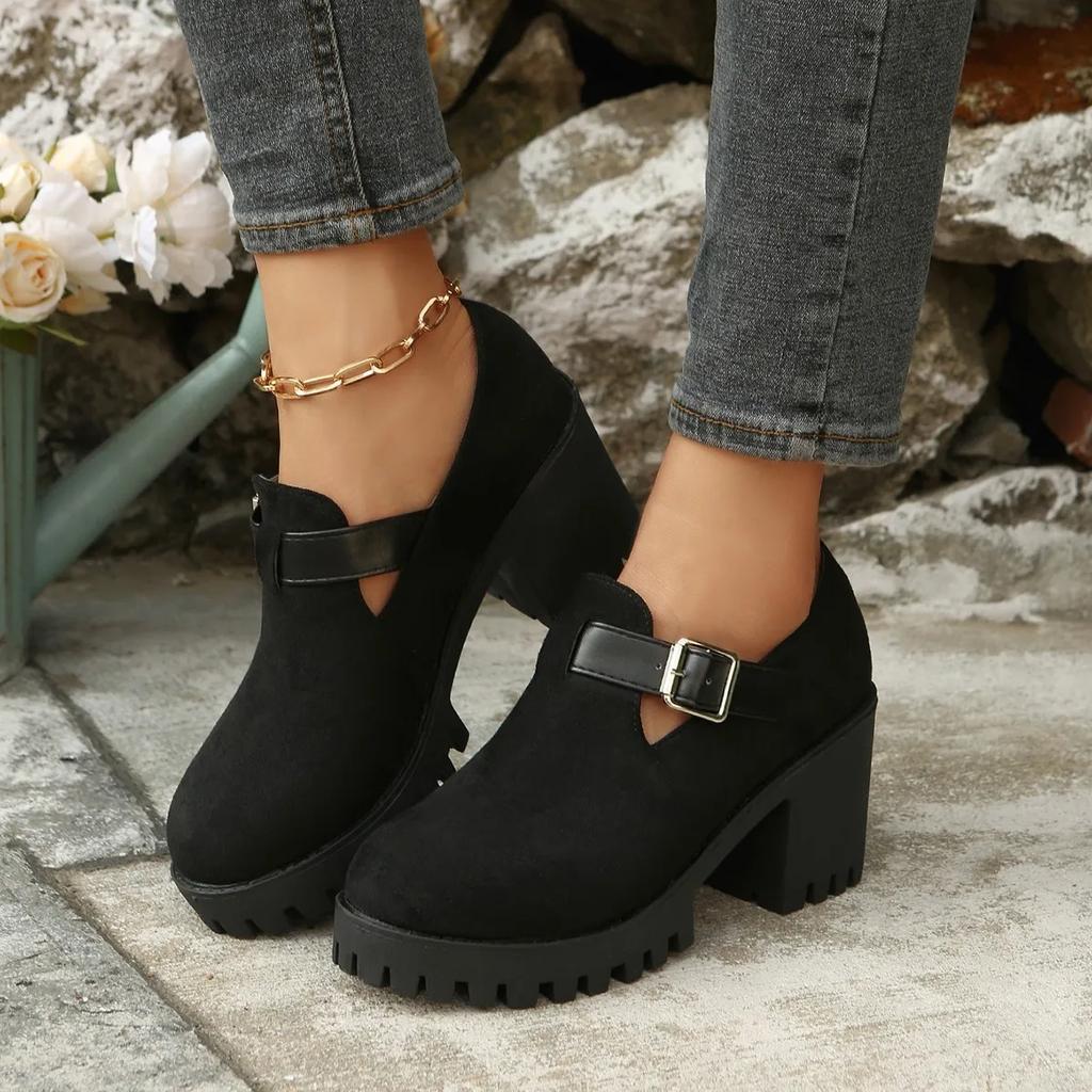 Mocassini Casual con Tacco Grosso e Fibbia Moda Retrò per Donna Nuovo Stile Primavera Bocca Bassa Comodi Scarpe Singole