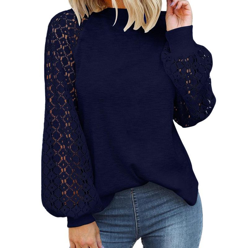 Spring Autumn Round Neck Long Sleeve Lace Splicing Loose Top for Women T-Shirts Women’s