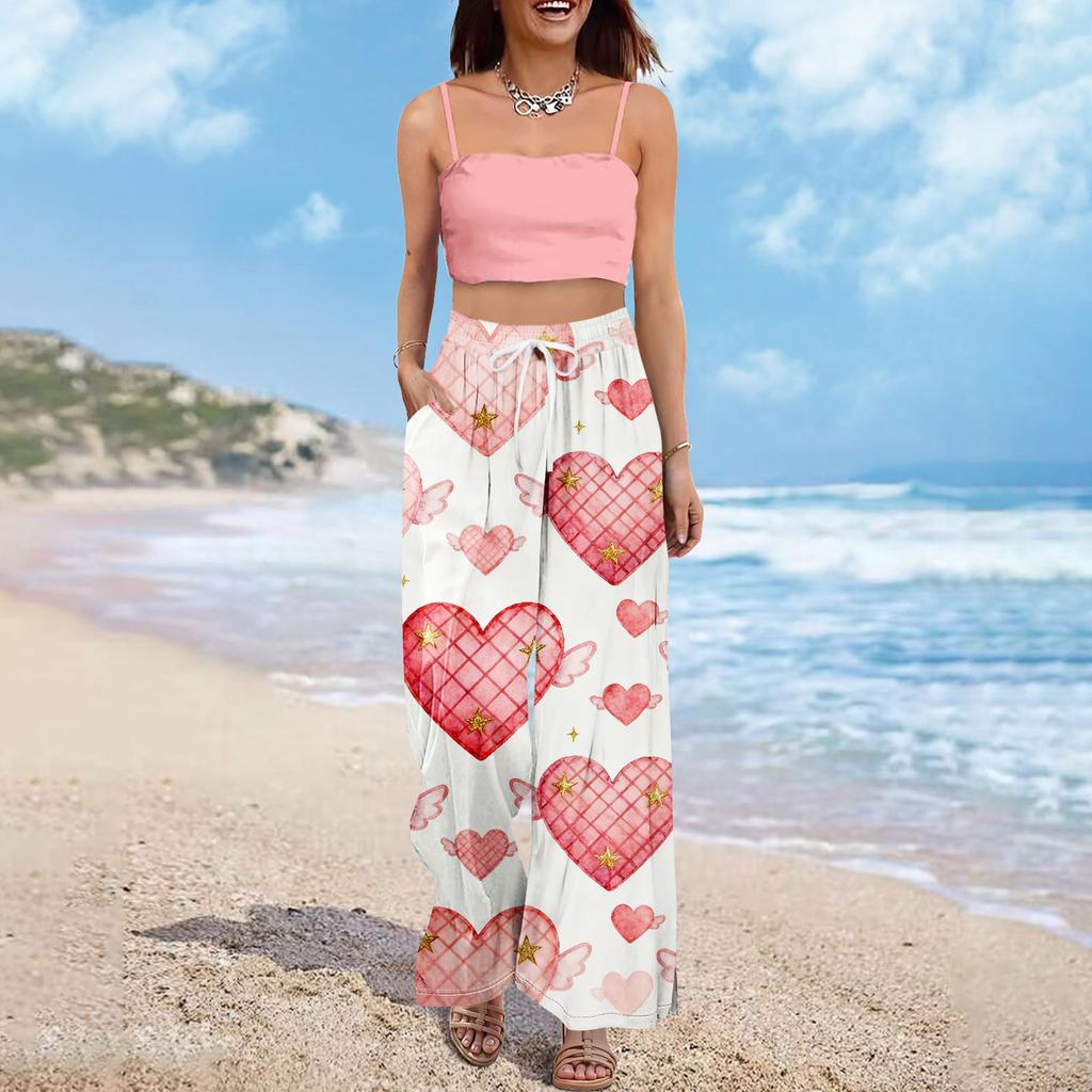 Pantaloni largi cu talie înaltă pentru femei, stil boho de vară, stil palazzo, cu imprimeu, casual, cu buzunare