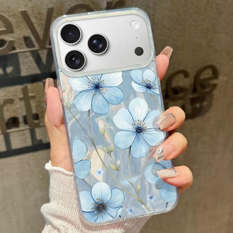 Blue Flowers Pattern Laser Phone Case For iPhone Air 17 16 15 14 13 15 Pro Max 16 15 Plus 13 17 Pro  Shockproof Hard Cover Funda