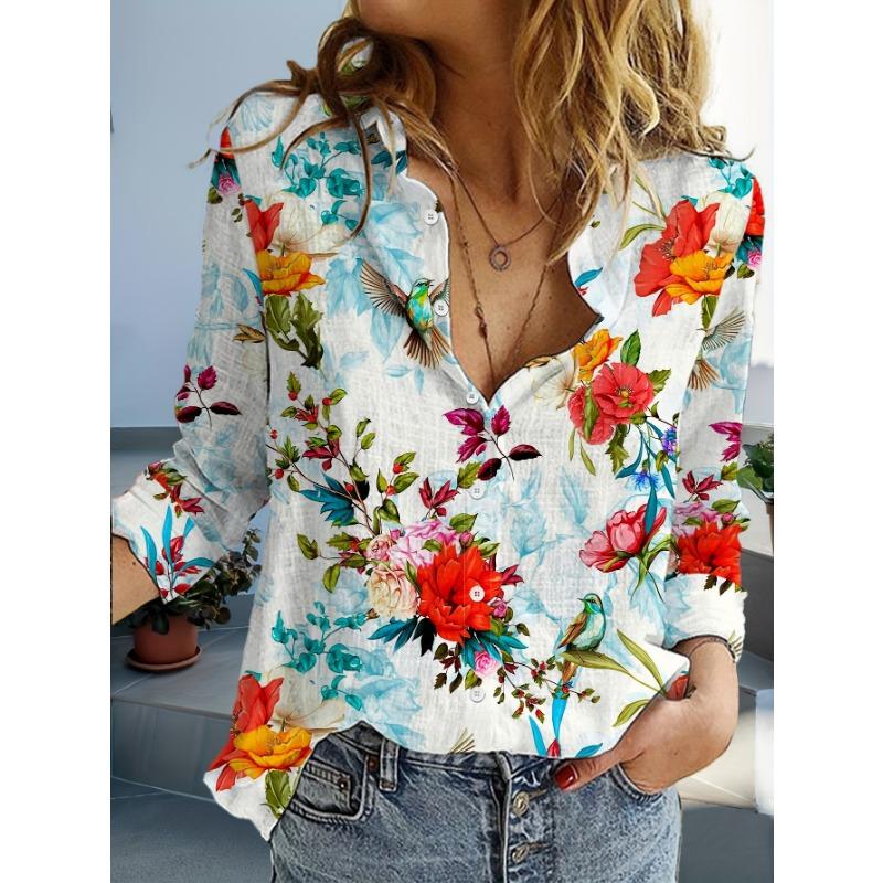 Fashion Flowers Butterflies Pattern 3D Print Women's Long Sleeve Shirt Simple Lapel Tops Autumn Casual Commuter Women Clothing