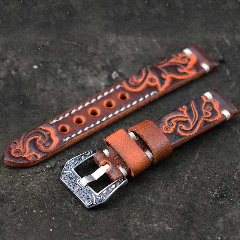 

Vintage Embossed Leather Watch Strap 18mm 20mm 22mm 24mm Handmade Stitched Watchband With Carved Buckle for Men Replacement Band 24mm