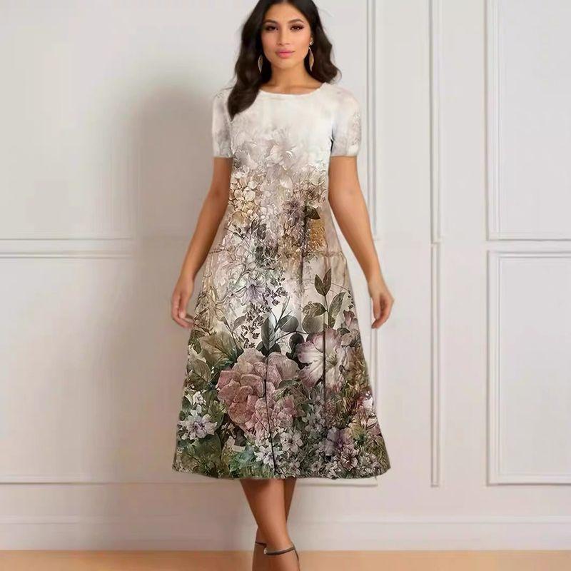 

Summer New Arrival Fashion Fashion round Neck Plant Print Loose Casual Pocket A- line Short Sleeve Mid Length Long Length Dress Picture color 3XL