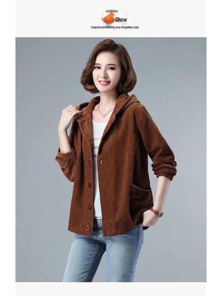 Damejakke i kordfløyel med fleecefôr, 2024 koreansk stil, høst/vinter, løs passform, plussstørrelse, slankende, hettegenser.