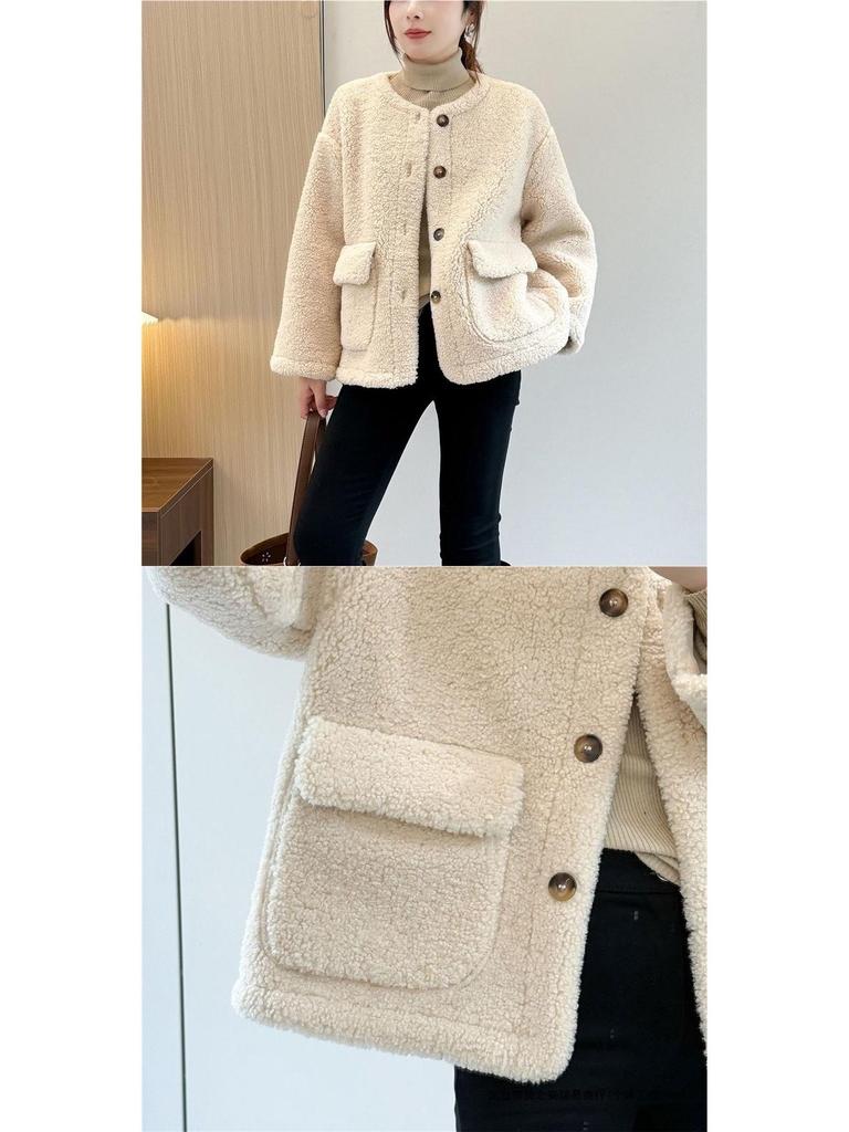 Women's Shearling Coat 2025 Autumn/Winter: Versatile Korean Style, Age-Reducing Loose Fit, Round Neck Top