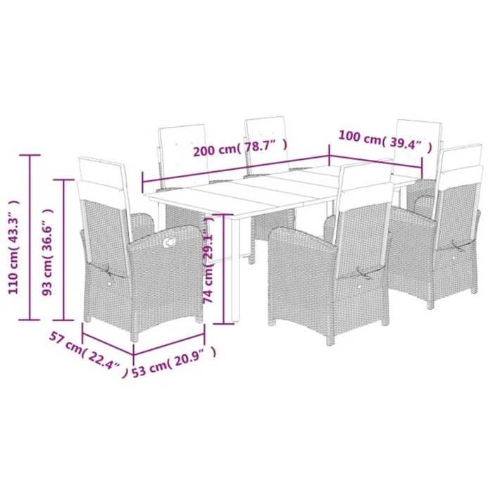 VidaXL 7-Piece Garden Dining Set with Cushions, Table and Chairs with Adjustable Backrest and Footrest 3212582