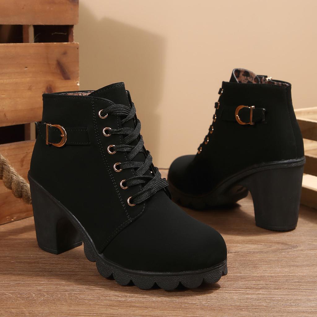 Foreign Trade Thick Heel Short Boots Round Head Lace-up and Bare Boots New High Heel Side Zipper Martin Boots Women's Single Boots Belt Buckle