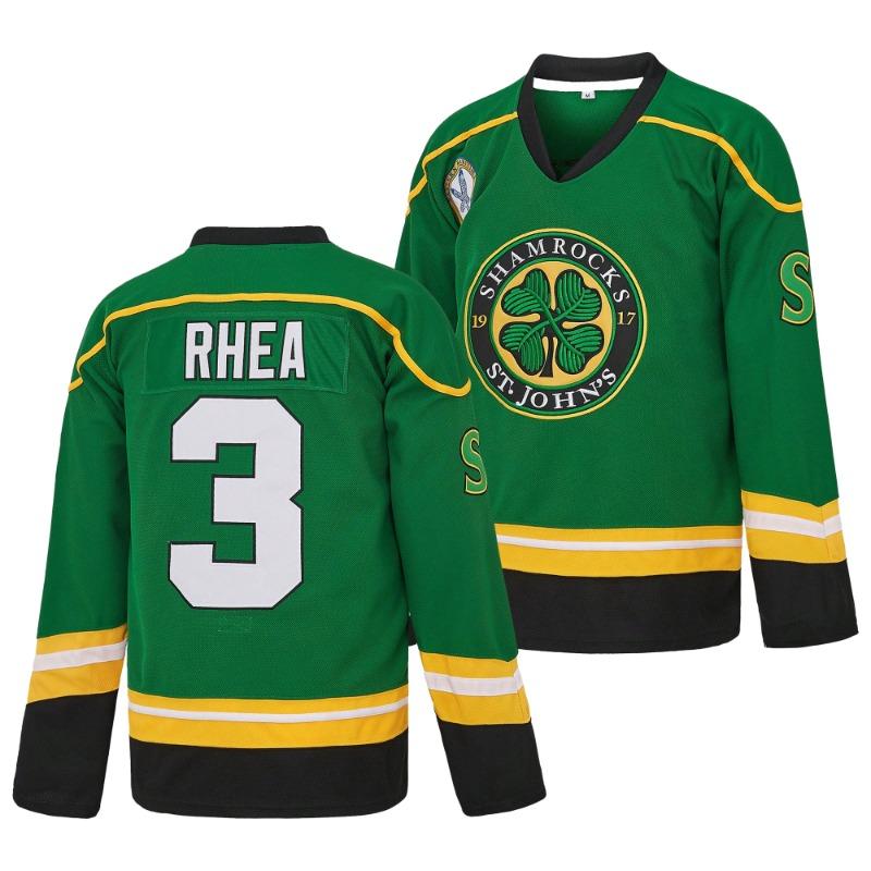 Men's Green #3 Ross The BOSS Rhea StJohn's Clovers Embroidered Hockey Jersey, Long Sleeve EMHL Patch Letterkenny Movie Fan Uniform