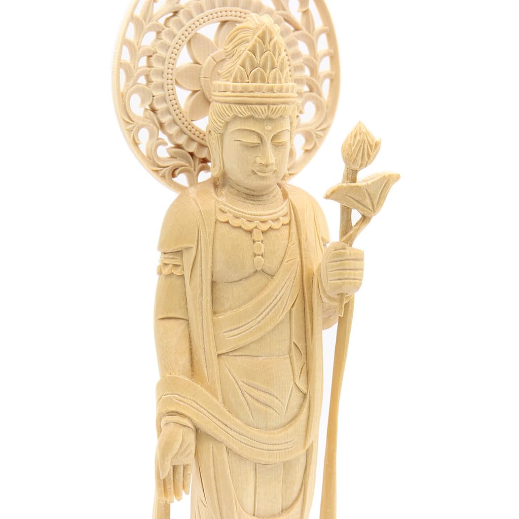 special Buddhist statue Seikannon inches height 23 width 9 depth carved cypress wood with a jeweled halo and round base 8114 Kurita's [Bodhisattva]