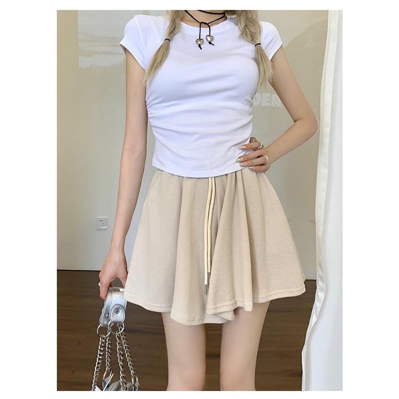 Drawstring Sports Shorts Women's Summer Elastic Waist Sag Loose Look Slim Everything with A Line Casual Wide Leg Skirt Pants