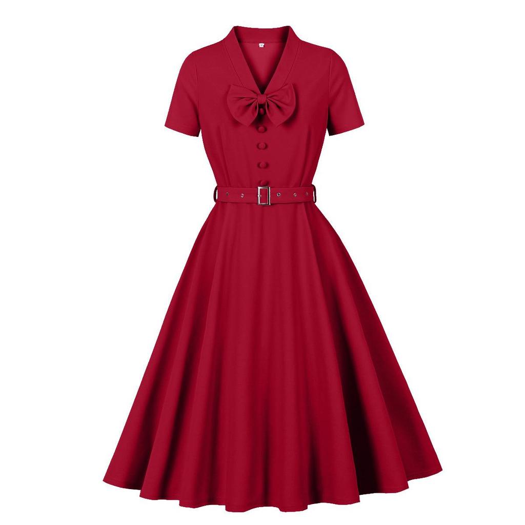 Damen Retro Swingkleider Kurzarm V-Ausschnitt Schleife Knopfleiste Gürtel Hepburn-Stil Kleid Hohe Taille Freizeitkleidung