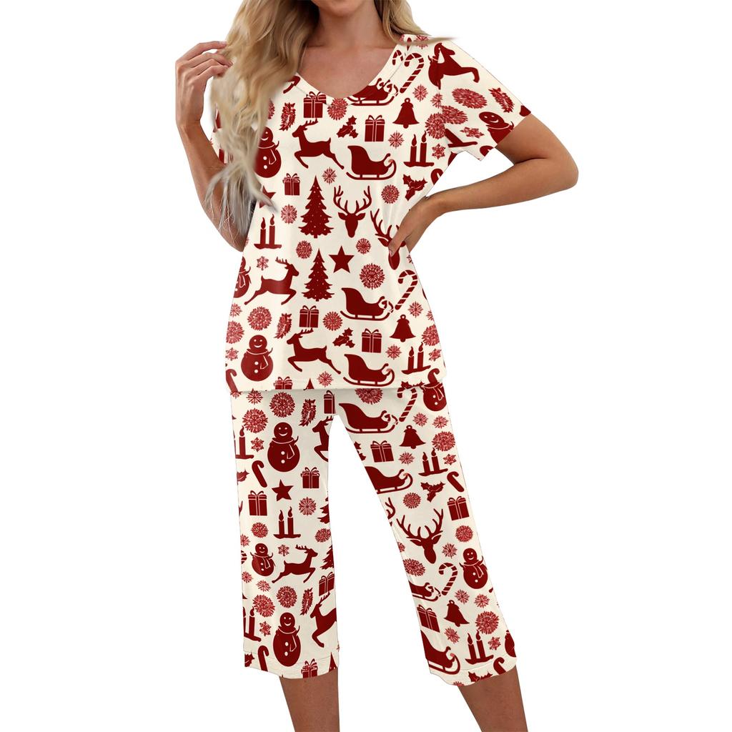 Women's Casual Two Piece Outfit Set Christmas Print Short Sleeve Pants