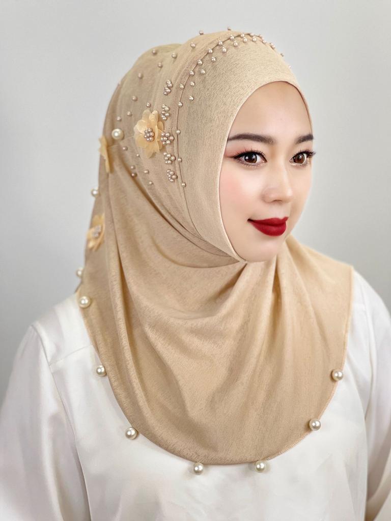- Neuer malaysischer Damen-Kopftuchhut, bestickter Blumenschal, elastische einfarbige ethnische Pullovermütze, lagernd