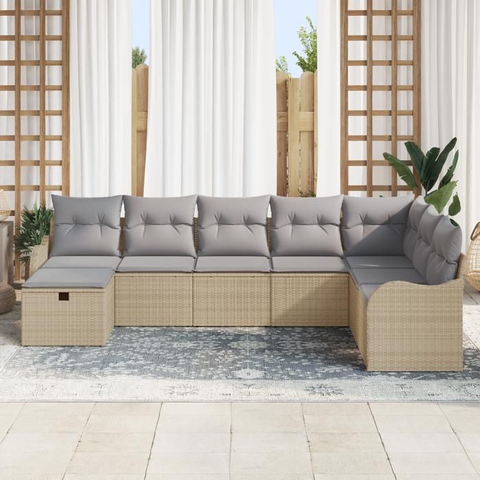 Ensemble de canapé de jardin 8 pièces avec coussins en poly rotin beige, Canapé de jardin 2 places avec coussins en poly 3359029